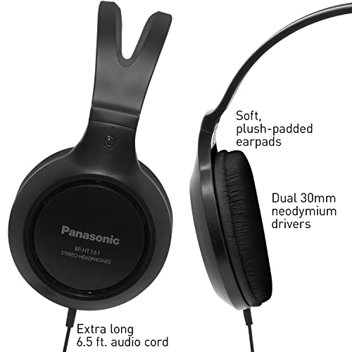 Panasonic Headphones, Lightweight Over the Ear Wired Headphones with Clear Sound and XBS for Extra Bass, Long Cord, 3.5mm Jack for Phones and Laptops – RP-HT161-K (Black)