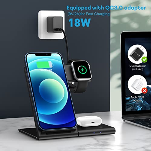 WATOE Wireless Charger Foldable 3 in 1 Charging Station,Compatible with iPhone 13/12 Pro/SE/11/11 Pro Max/X/XS/XR/Xs Max/8 Plus/Samsung Galaxy, for Apple Watch Series 7/6/SE/5/4/3/2/AirPods Pro/2/3