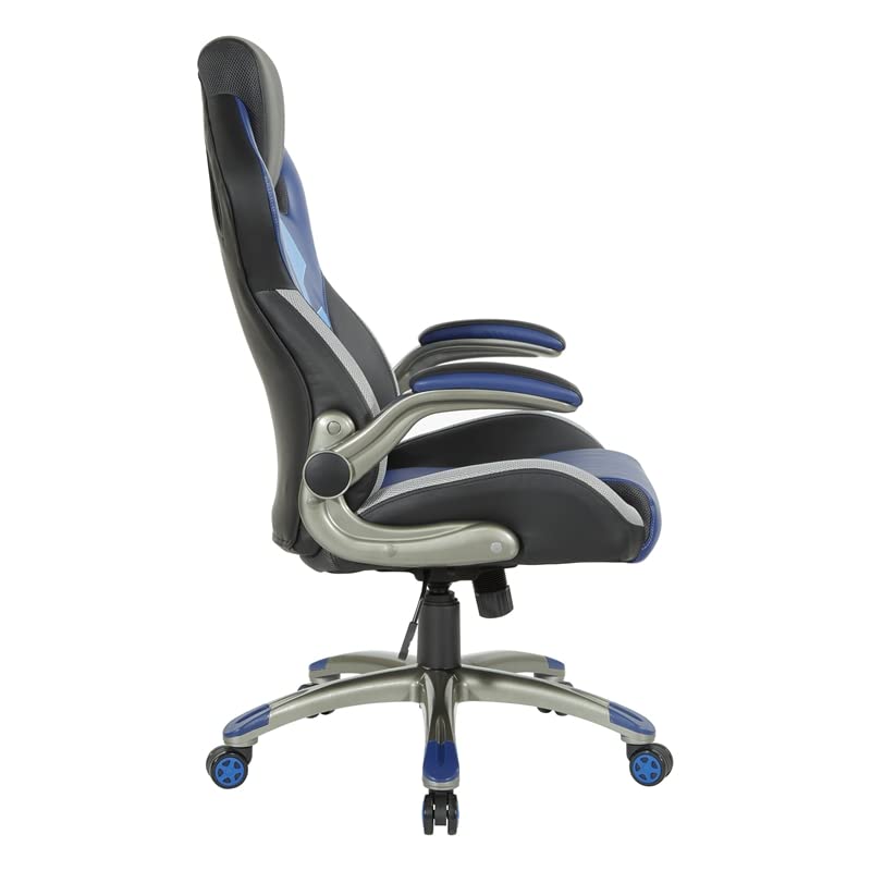 OSP Home Furnishings Ice Knight Ergonomic Adjustable High Back Faux Leather Gaming Chair with Integrated Lumbar Support and Padded Flip Arms, Blue Accents