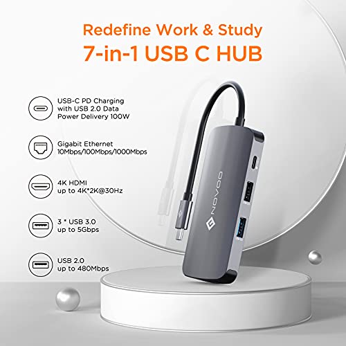 NOVOO USB C Hub Multiport Adapter USB C to USB x 4, 100W PD Charging, 4K HDMI, RJ45 Ethernet, 7 in 1 USB C Adapter Compatible with MacBook Pro MacBook Air