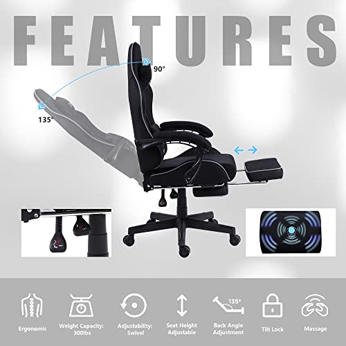 Dowinx Gaming Chair Fabric with Pocket Spring Cushion, Massage Game Chair Cloth with Headrest, Ergonomic Computer Chair with Footrest 290LBS, Black