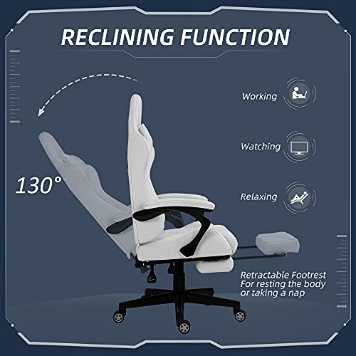 Vinsetto High Back PU Leather Gaming Chair, Racing Computer Chair with Swivel Wheels, Retractable Footrest, Headrest, Lumbar Support, and Armrest, White