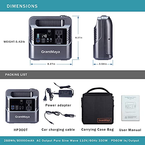 330W Portable Power Station, GrantMaya 288Wh 80000mAh Portable Generator Backup Battery with 110V Pure Sine Wave AC Outlet 60W PD QC3.0 USB Car Socket Flashlight for Camping CPAP Emergency Hurricane