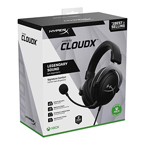 HyperX CloudX, Official Xbox Licensed Gaming Headset, Compatible with Xbox One and Xbox Series X|S, Memory Foam Ear Cushions, Detachable Noise-Cancelling Mic, in-line Audio Controls, Silver