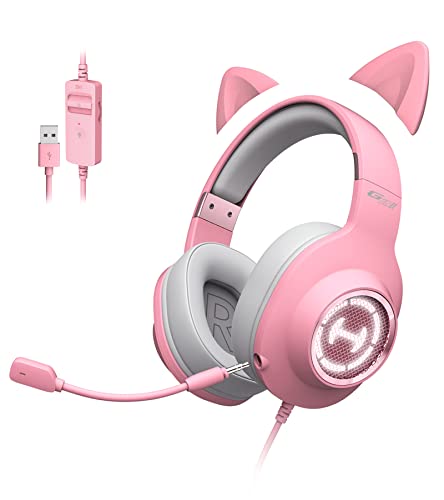 HECATE by Edifier G2 II Pink Gaming Headset, USB Wired Pink Gaming Headphones with Cat Ear for PC/MAC/ PS4/ PS5 with 7.1 Surround Sound Noise Cancelling, Detachable Cat Ear and Mic, LED RGB Lighting