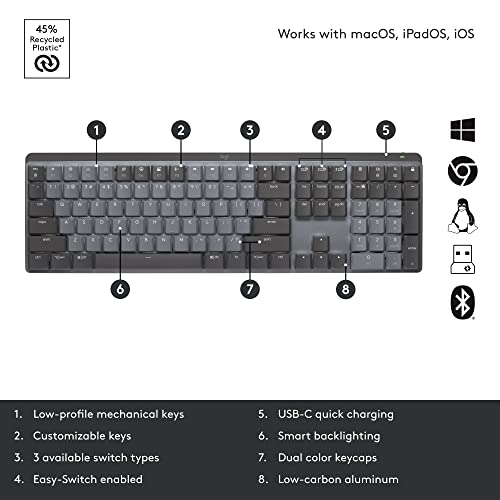 Logitech MX Mechanical Wireless Illuminated Performance Keyboard, Linear Switches, Backlit Keys, Bluetooth, USB-C, macOS, Windows, Linux, iOS, Android, Metal