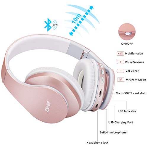 Bluetooth Headphones Over-Ear, Zihnic Foldable Wireless and Wired Stereo Headset Micro SD/TF, FM for Cell Phone,PC,Soft Earmuffs &Light Weight for Prolonged Wearing(Rose Gold)