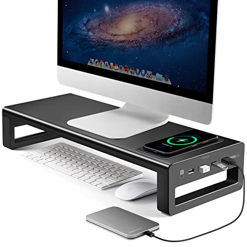 Vaydeer USB3.0 Wireless Charging Aluminum Monitor Stand Riser Support Transfer Data and Charging,Keyboard and Mouse Storage Desk Organizer up to 27inch for Computer MacBook PC (Black）