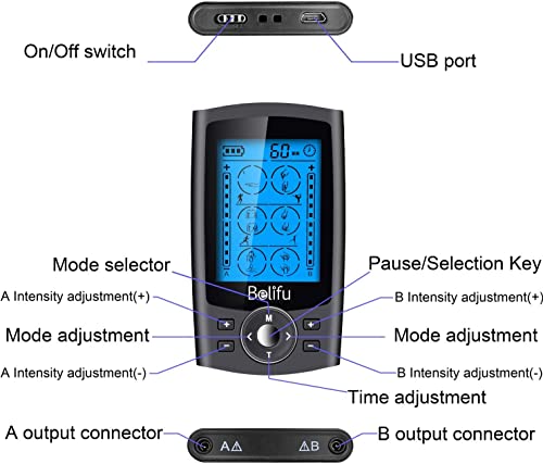 Belifu Dual Channel TENS EMS Unit 24 Modes Muscle Stimulator for Pain Relief Therapy, Electronic Pulse Massager Muscle Massager with 10 Pads, Dust-Proof Drawstring Storage Bag，Fastening Cable Ties…