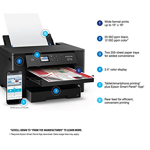 Epson Workforce Pro WF-7310 Wireless Wide-Format Printer with Print up to 13" x 19", Auto 2-Sided Printing up to 11" x 17", 500-sheet Capacity, 2.4" Color Display, Epson Smart Panel App