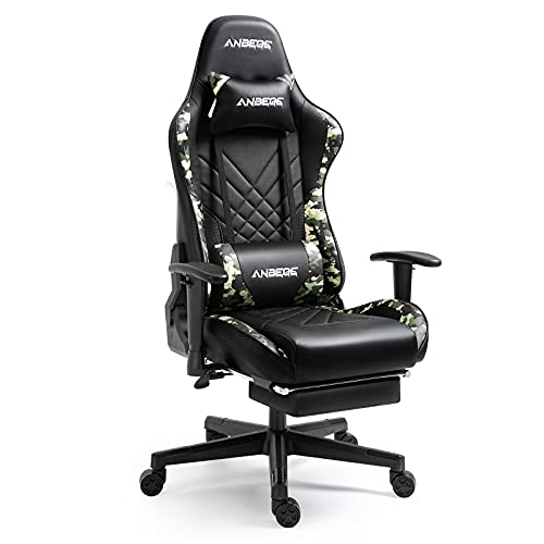 ANBEGE Gaming Chair Retractable Footrest 2D Armrest Office Chair Height Adjustable Leather High Back Ergonomic Headrest Massage Lumbar Cushion Swivel Rocker Recliner Computer Chair (CAMO)