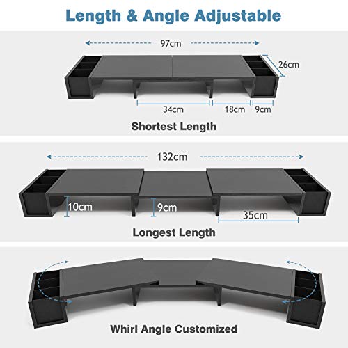 LORYERGO Dual Monitor Stand Riser, Laptop Stand with Storage Accessories Slots, Length and Angle Adjustable Computer Stand, Desktop Stand with Storage Organizer for Computer, Laptop, Printer