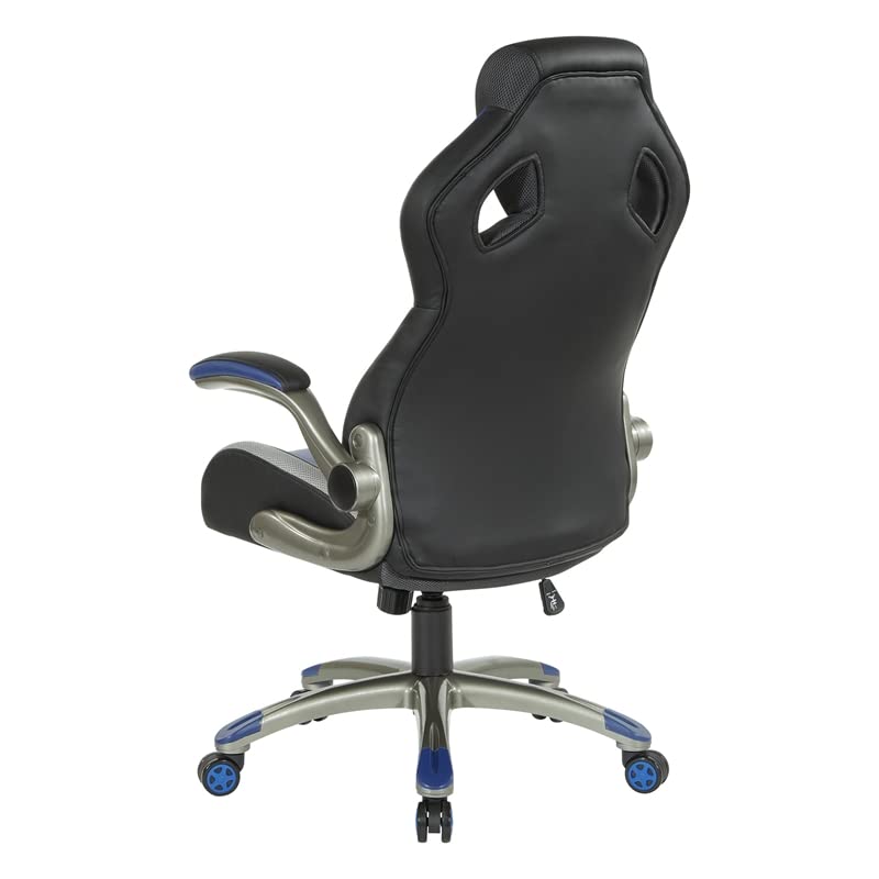 OSP Home Furnishings Ice Knight Ergonomic Adjustable High Back Faux Leather Gaming Chair with Integrated Lumbar Support and Padded Flip Arms, Blue Accents