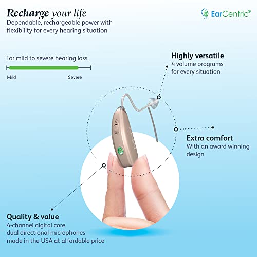 EarCentric EasyCharge2 Hearing Aid (Set of 2), Advanced Rechargeable Behind-The-Ear (BTE) Ear Aid for Seniors, Crystal Clear Sound with Noise Cancellation, 4 Adaptive Programs