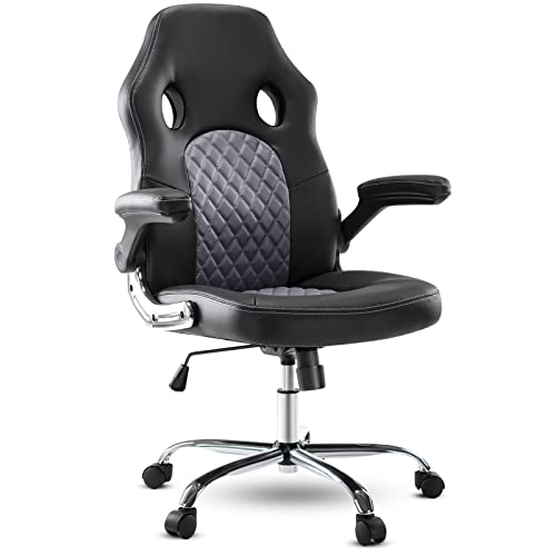 JHK Gaming Chair Ergonomic Office Chair, PU Leather Gamer Chair with Padded Flip-up Armrests and Lumbar Support, Height Adjustable Computer Desk Chair PC Gaming Chair for Adults Teens, Grey