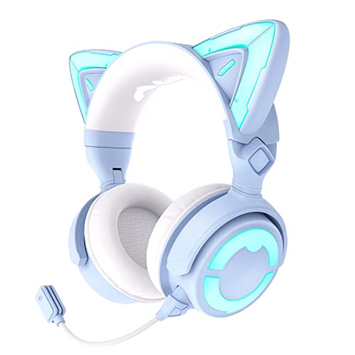 YOWU RGB Cat Ear Headphone 4, Upgraded Wireless & Wired Gaming Headset with Attachable HD Microphone -Active Noise Reduction, Dual-Channel Stereo & Customizable Lighting and Effect via APP (Blue)