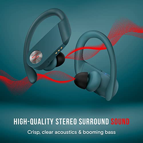 Symphonized Wireless Sports Earbuds - Water Resistant Bluetooth Headphones with Built-in Microphone, Earhooks and LED Charging Display, Blue