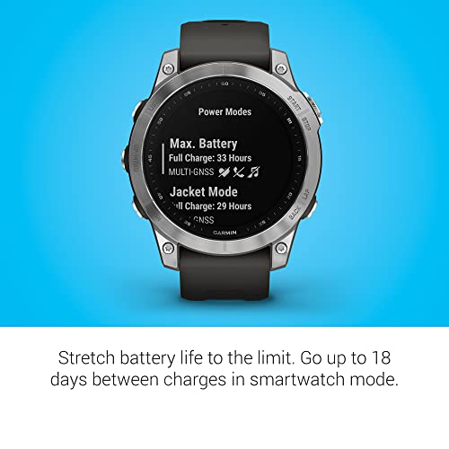 Garmin fenix 7, adventure smartwatch, rugged outdoor watch with GPS, touchscreen, health and wellness features, silver with graphite band