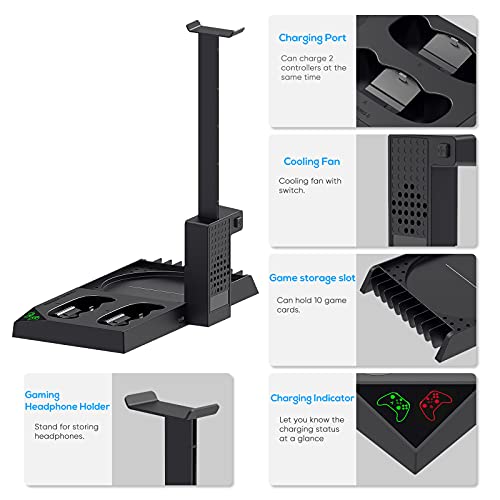 Vertical Cooling Stand for Xbox Series X Console - Dual Controller Charging Dock Station with 2 Pack 1400mAh Batteries & Game Rack Storage Organizer and Gaming Headphones Holder for Xbox Series X