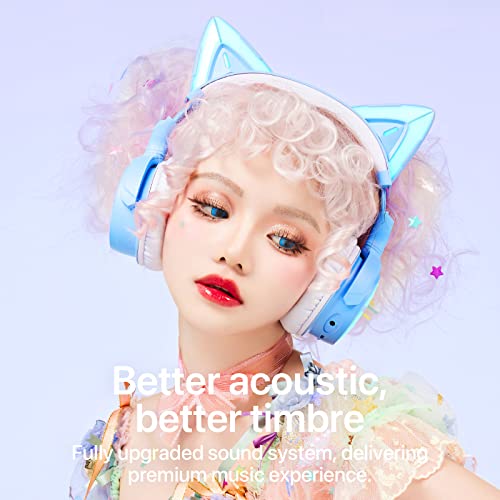 YOWU RGB Cat Ear Headphone 4, Upgraded Wireless & Wired Gaming Headset with Attachable HD Microphone -Active Noise Reduction, Dual-Channel Stereo & Customizable Lighting and Effect via APP (Blue)