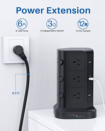 Power Strip Tower by KOOSLA, [15A 1500J] Surge Protector - 12 AC Multiple Outlets & 6 USB Ports, Flat Plug 14 AWG Heavy-Duty Extension Cord 6.5ft, Home Office Supplies, Dorm Room Essentials Black