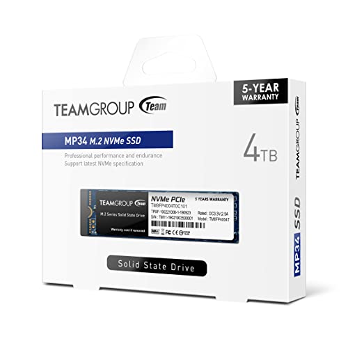 TEAMGROUP MP34 4TB with DRAM SLC Cache 3D NAND TLC NVMe 1.3 PCIe Gen3x4 M.2 2280 Internal SSD (Read/Write Speed up to 3,500/2,900 MB/s) Compatible with Laptop & PC Desktop TM8FP4004T0C101