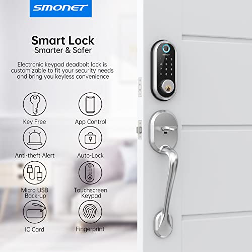 Smart Deadbolt, SMONET Fingerprint Electronic Deadbolt Door Lock with Keypad-Bluetooth Keyless Entry Keypad Smart Deadbolt App Control, Ekeys Sharing, App Monitoring Auto Lock for Homes and Hotel