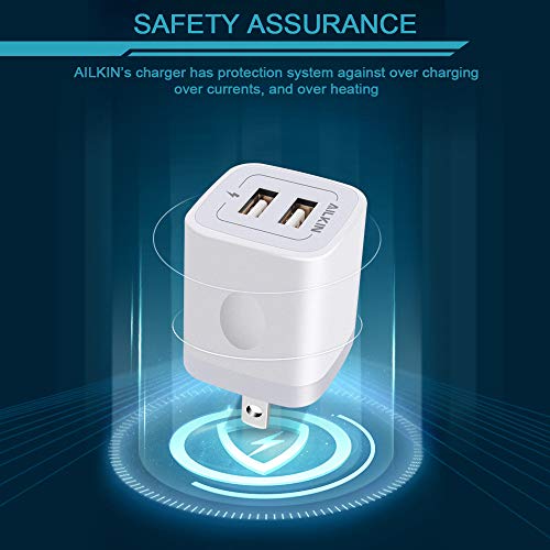 USB Wall Charger, Charger Adapter, AILKIN 2-Pack 2.1Amp Dual Port Quick Charger Plug Cube for iPhone 13 12 11 Pro Max 10 SE X XS XR 8 Plus 7, Samsung Galaxy S21 S20 Power Block Fast Charging Box Brick