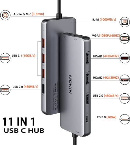 USB C Docking Station Dual Monitor, MOKiN Laptop Docking Station with 2 HDMI, VGA, 3 USB 3.1, 2 USB 2.0, PD Charging, Ethernet, Audio&Mic for MacBook/Dell XPS/HP/Lenovo ThinkPad/Surface