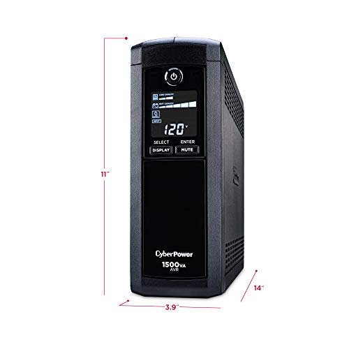 CyberPower CP1500AVRLCD Intelligent LCD UPS System, 1500VA/900W, 12 Outlets, AVR, Mini-Tower