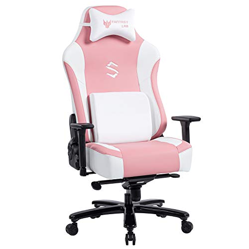 FANTASYLAB Big and Tall 400lb Massage Memory Foam Gaming Chair Adjustable Tilt, Back Angle and 3D Arms High-Back Leather Racing Executive Computer Desk Office Chair, Metal Base (Pink)