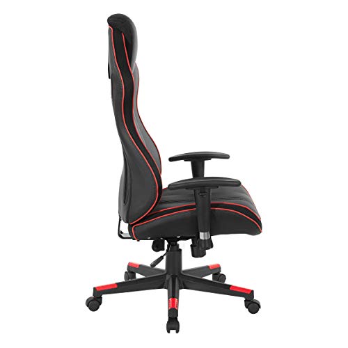 OSP Home Furnishings BOA II Ergonomic Adjustable High Back Gaming Chair with Thick Padded Coil Spring Seat, Built-in Lumbar Support and Headrest, Black with Red Accents