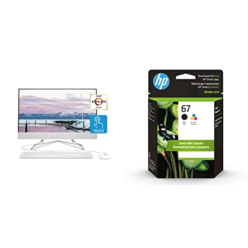 HP 24-inch All-in-One Touchscreen Desktop Computer, AMD Athlon Gold 3150U Processor, Snow White & 67 Black/Tri-Color Ink Cartridges (2-Pack) | Works with HP DeskJet 1255, 2700, 4100 Series