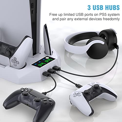 PS5 Stand and Cooling Station with Dual Controller Charging Station for Playstation 5 Console, PS5 Accessories Incl. Controller Charger, Cooling fan, Headset holder, 3 USB Hub, Media Slot, Screw White