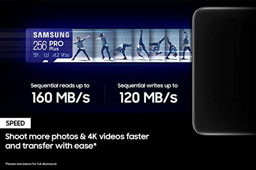 SAMSUNG PRO Plus + Reader 256GB microSDXC Up to 160MB/s UHS-I, U3, A2, V30, Full HD & 4K UHD Memory Card for Android Smartphones, Tablets, Go Pro and DJI Drone (MB-MD256KB/AM)