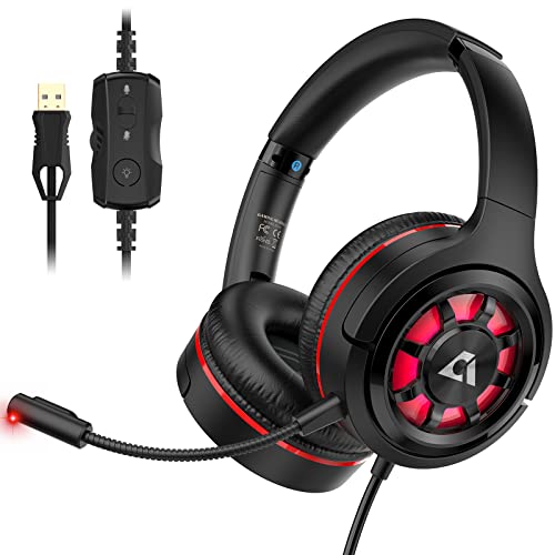 1Mii Ankbit USB Gaming Headset for PC Laptop PS4/PS5 w/Virtual 7.1 Stereo 3D Surround Sound, 50mm Drivers USB Gaming Headphones Detachable Mic, RGB LED Light, Volume Control PC Gaming Headset -EG03