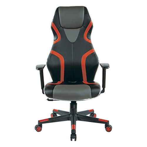 OSP Home Furnishings Rogue High-Back LED Lit Gaming Chair, Black Faux Leather with Red Trim and Accents