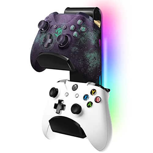 RGB Game Controller Charger & Headset Wall Mount Holder with 10 Lighting Modes & 2 USB Charger Ports, Gamepad & Headphone Hanger for Xbox, Xbox 360, PS3, PS4, PS5, Switch, Great for Gaming Stations, Fancy Desk Gamer Accessories