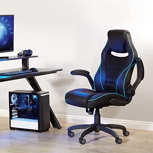 OSP Home Furnishings Xeno Ergonomic Adjustable Faux Leather Gaming Chair with Integrated Headrest and Airflow Cooling Material, Black with Blue Accents