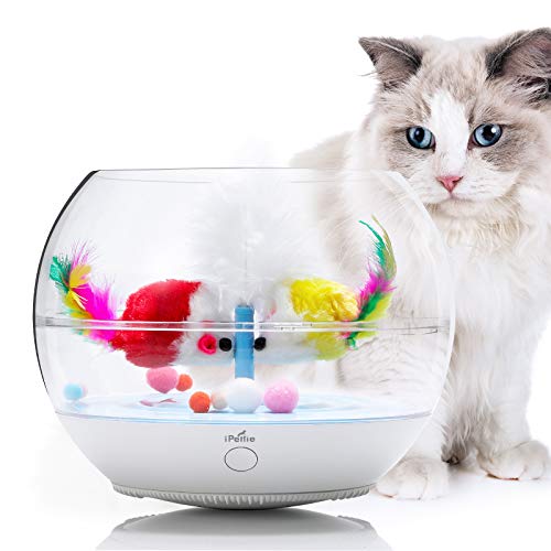 iPettie Fish Chaser Interactive Cat Toy, Fish Bowl-Shaped Tumbler Pet Toy with Automatic Swimming Feather Fish, Ultra-Quiet, for Kitten Indoor Self Play Enrichment