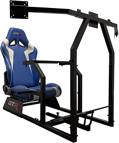 GTR Simulator GTA-F Model Black Frame Triple | Single Monitor Stand with Blue White Adjustable Leatherette Seat Racing Driving Gaming Simulator Cockpit Chair