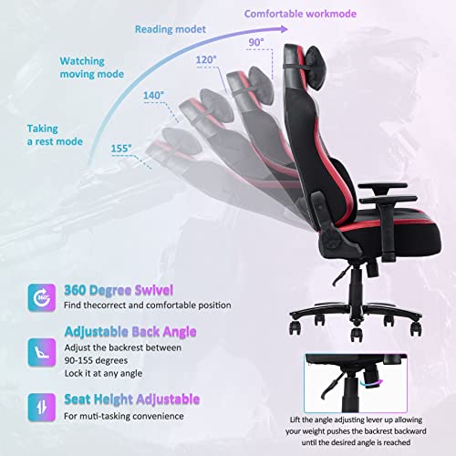 FANTASYLAB Big and Tall 400lb Massage Memory Foam Gaming Chair - Adjustable Tilt, Back Angle and 3D Arms High-Back Leather Racing Executive Computer Desk Office Chair, Metal Base (Red)