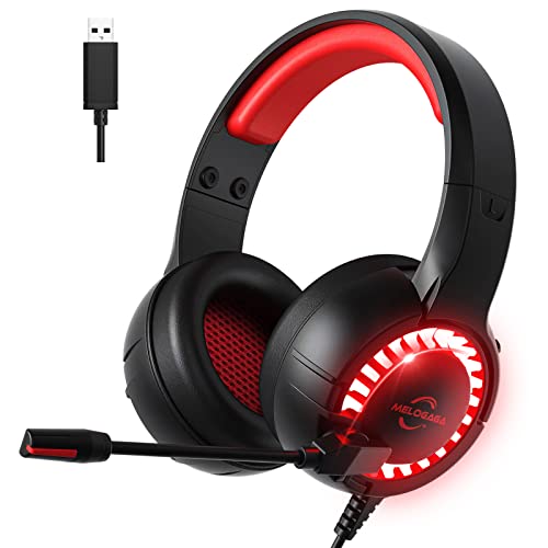 USB Gaming Headset for PC PS4 PS5, MELOGAGA 7.1 Surround Sound Headphones with RGB Breathing LED Lights& Noise Canceling Microphone, Over-Ear Game Headset for Playstation Console Laptops Computer