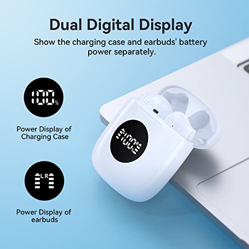 Bluetooth Headphones V5.3 Wireless Earbuds 48 Hrs Battery Life with Wireless Charging Case & LED Power Display Deep Bass IPX7 Waterproof Earphones Microphone Stereo Headset for iPhone & Android, White