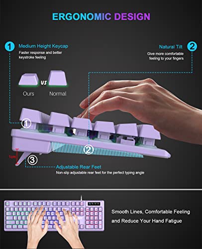 NPET K10 Gaming Keyboard, RGB Backlit, Spill-Resistant Design, Multimedia Keys, Quiet Silent USB Membrane Keyboard for Desktop, Computer, PC (Purple)