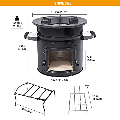 Lineslife Rocket Stove Wood Burning Portable for Backpacking, Charcoal Camping Stove with Handle and Carry Bag for Ourdoor, Cooking, BBQ, RV, Survival, Black One Door with 10.2" Stove Top