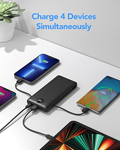 Portable Charger with Built-In Cables and AC Wall Plug,VRURC 10000mAh Phone Charger,5 Output & 2 Input LED Display External Battery Pack,Ultra Slim USB C Power Bank Compatible with Smart Devices-Black