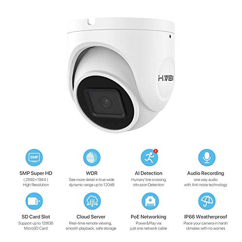H.VIEW 5MP PoE IP Turret Camera Outdoor with Audio, Microphone, Video Surveillance Super HD Night Vision 100ft Home Security, Built-in SD Card Slot, Wide Angle 2.8mm (4 Pack)