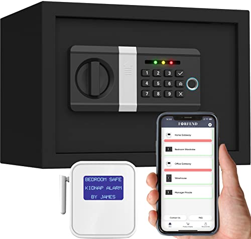 FORFEND Fingerprint Smart Home Safe | App Remote/Alert Small Safe Box | Kidnap Alarm, Tamper Detect, False Attempt Alarm | Alexa/Google Assistant| Predrilled Wall Anchor Lock Box| Money Safe Biometric