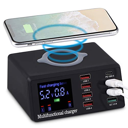 USB Charger, 100W 8-Port Desktop Charging Station Hub with Quick Charge QC 3.0 USB Port, with PD Fast Charger and LCD Display Wireless Charging Station